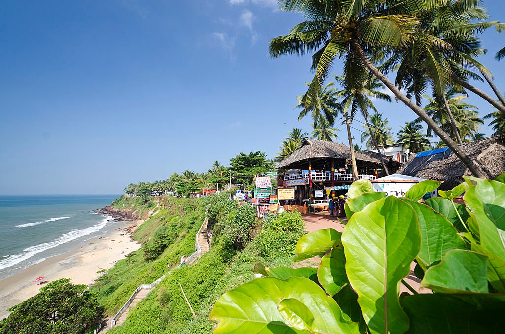 On top of the cliff above the beach of Varkala many shops