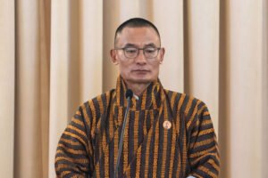 Bhutan's Prime Minister Tshering Tobgay speaks to the media