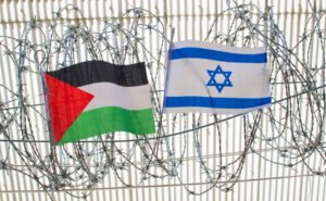 Palestine and Israel flag on barbed wire