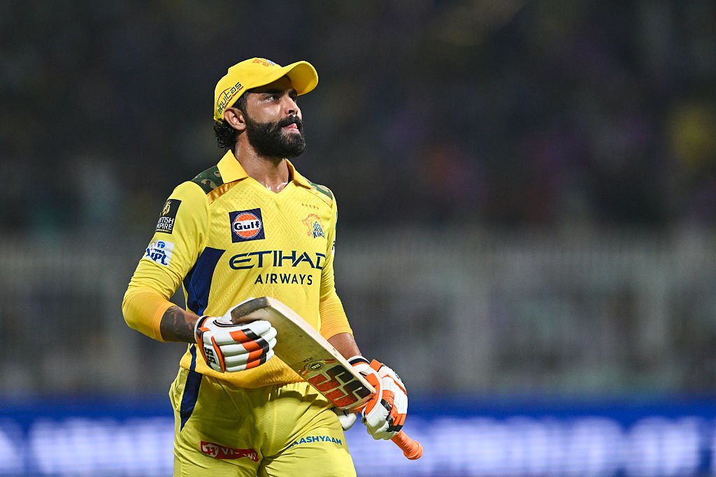 Ravindra Jadeja of Chennai Super Kings reacts after getting