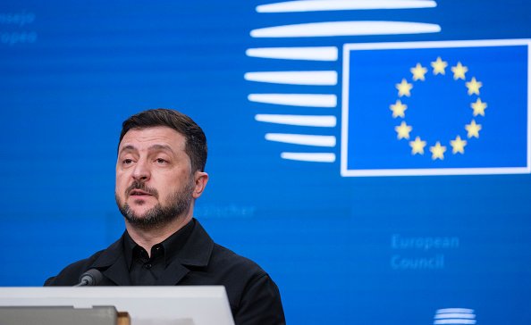 Volodymyr Zelensky Talks to Media During The EU Leaders Summit On Mercosur And Ukraine