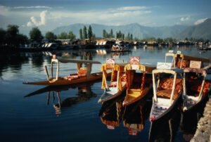 India,Kashmir,Dal Lake,shikaras moored at dock,houseboats behind