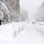 Block of snow-covered cars