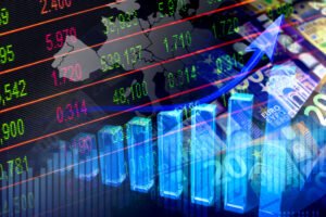 Economy graph: up arrow, map of Europe, cash euro banknotes and stock market indicators