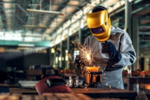 Worker welder working welding steel in industry with safety mask safety gloves and safety equipment. Worker welding concept.