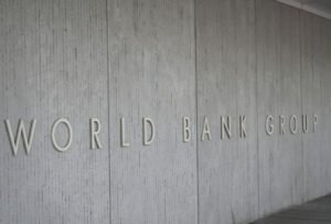 Poster hung reading "End Racism" in the World Bank building