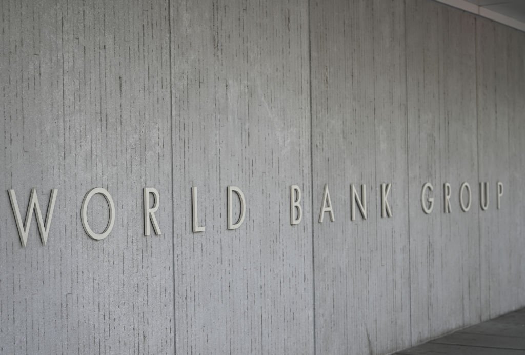 Poster hung reading "End Racism" in the World Bank building