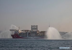 Istanbul, Nov. 14 (Xinhua) --  Turkey's drillship Kanuni sails on the Bosphorus Strait in Istanbul, Turkey, on Nov. 13, 2020. Kanuni sailed from Istanbul on Friday to the Black Sea to start its first mission, Energy and Natural Resources Minister Fatih Donmez announced. (Photo by Osman Orsal/Xinhua/IANS)